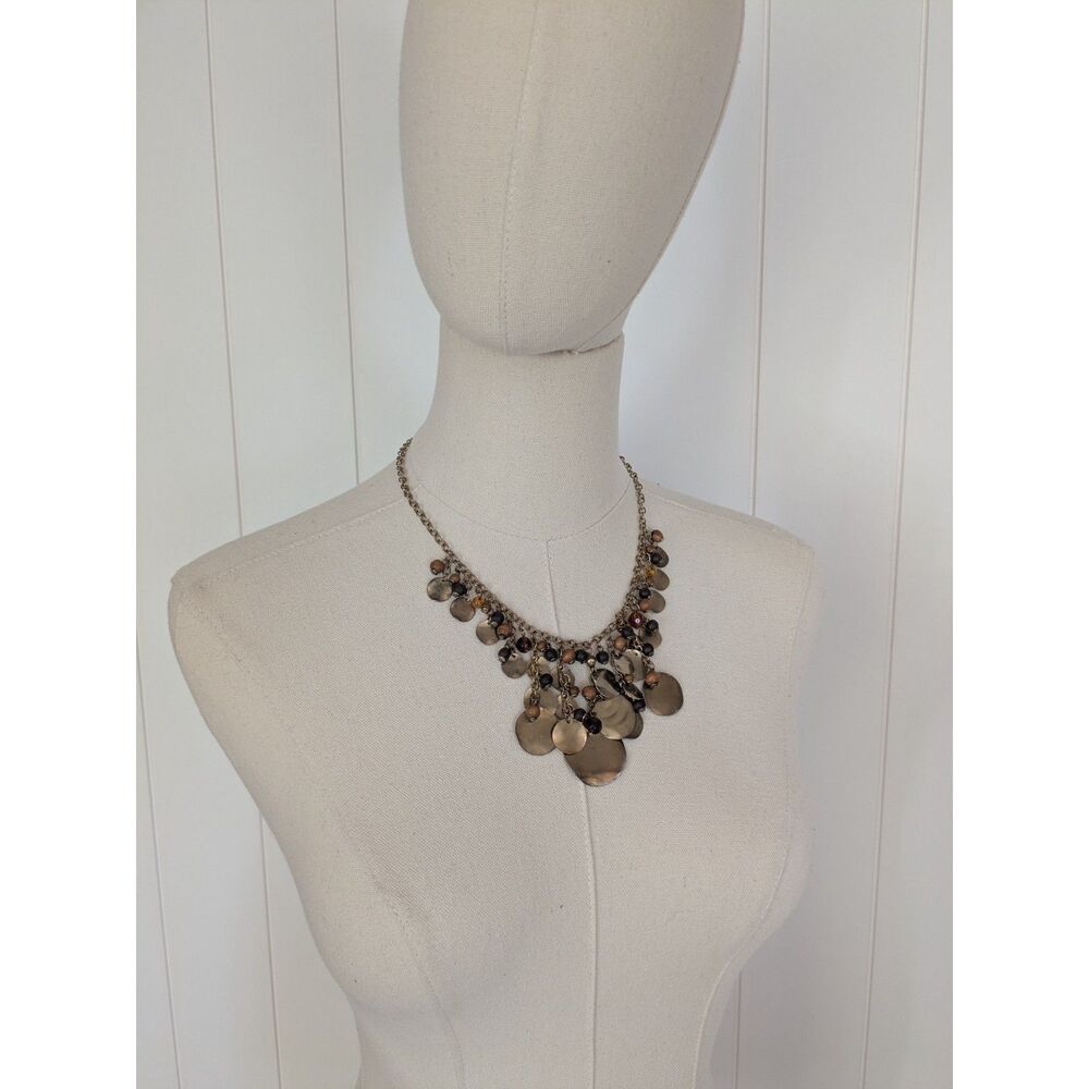 Vintage Statement Necklace, earth-toned beads, hammered metal disc charms